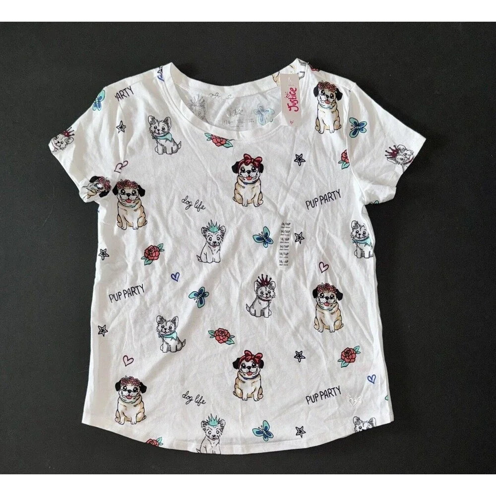 NEW Justice girls T-shirt XL 14 16 Pink White Weekend Mode Pug Dog Puppy S/S Top